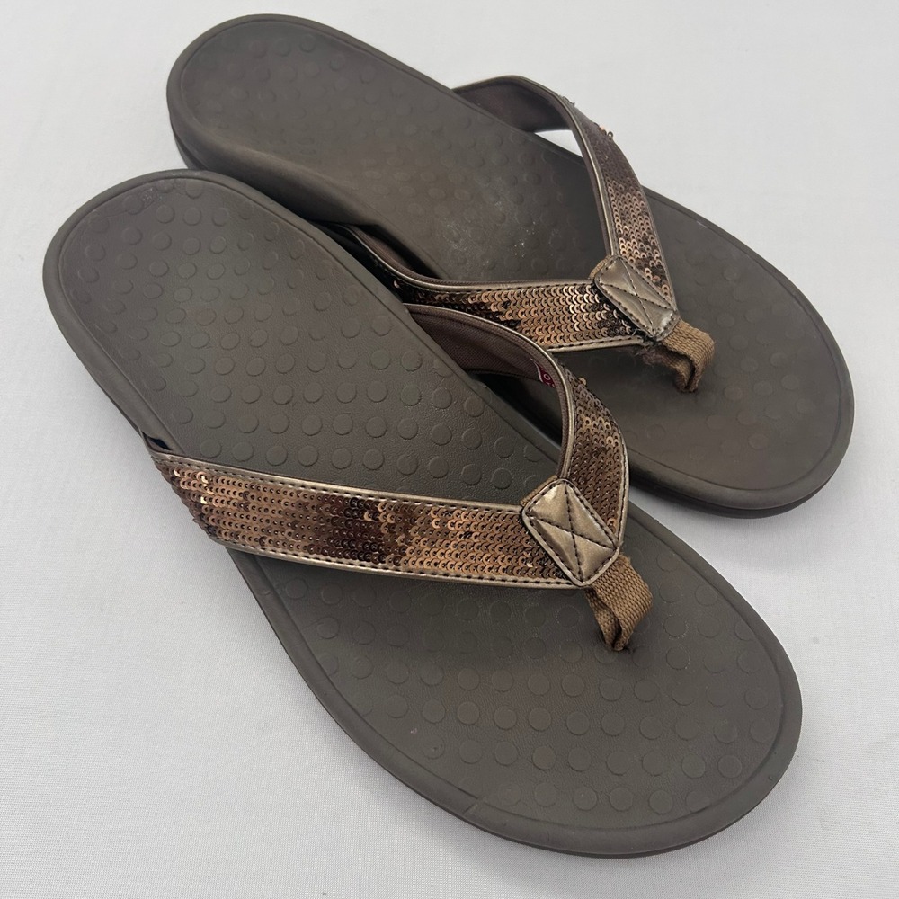 Vionic Tide Sequin Sandals Womens 9 Bronze Orthaheel Orthotic Thong Flip Flops